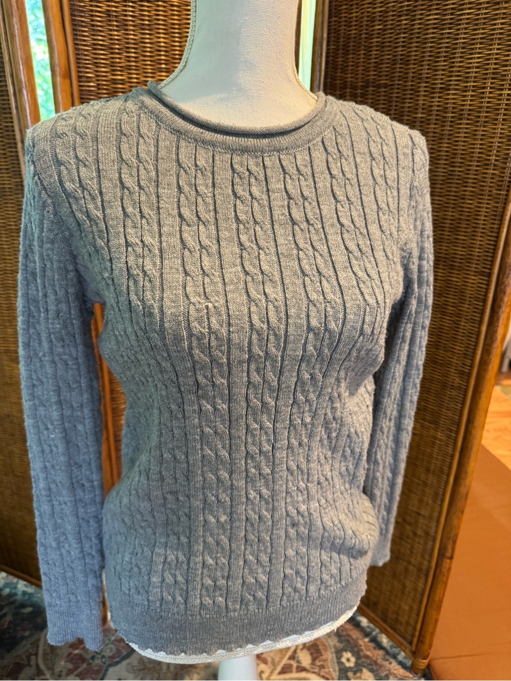 Carolyn Taylor Light Gray Cable Knit Crewneck Sweater